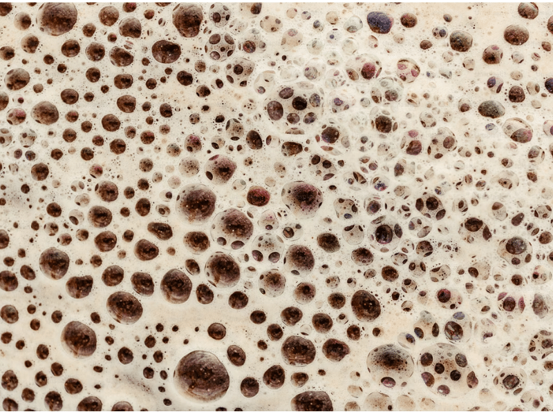 A imagem mostra um close-up detalhado da espuma (ou colarinho) de uma cerveja escura, provavelmente uma stout ou porter. É possível ver muitas bolhas de diferentes tamanhos, variando de microbolhas até bolhas maiores, distribuídas de forma densa e uniforme.