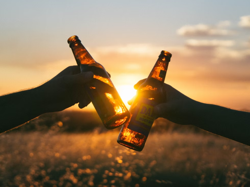 pessoas brindando diferentes estilos de cerveja refrescantes para o verão em frente ao por do sol